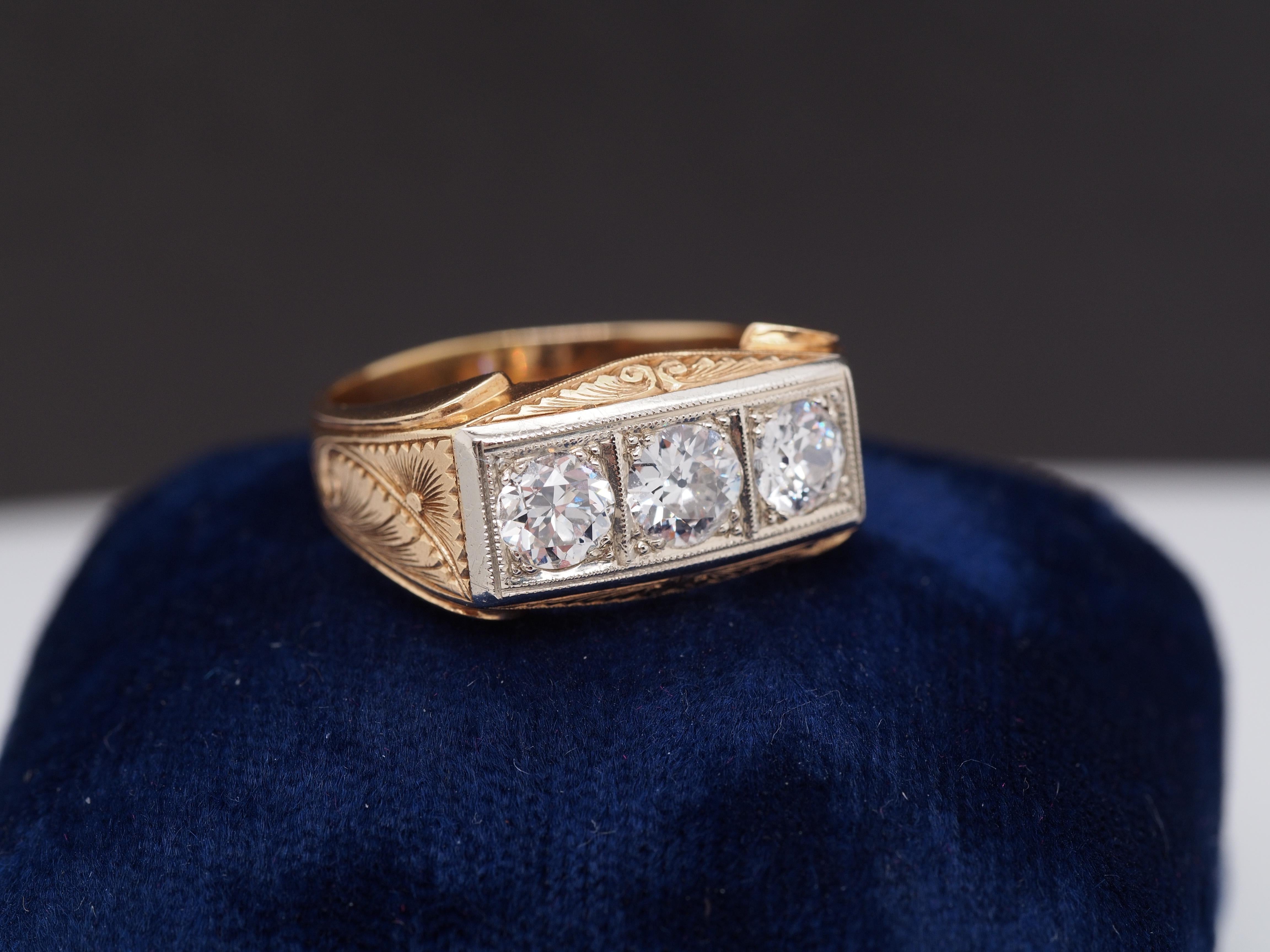 Édouardien Bague de fiançailles édouardienne en or jaune 14 carats avec gravure et diamants de 1,30 carat, c. 1900 en vente