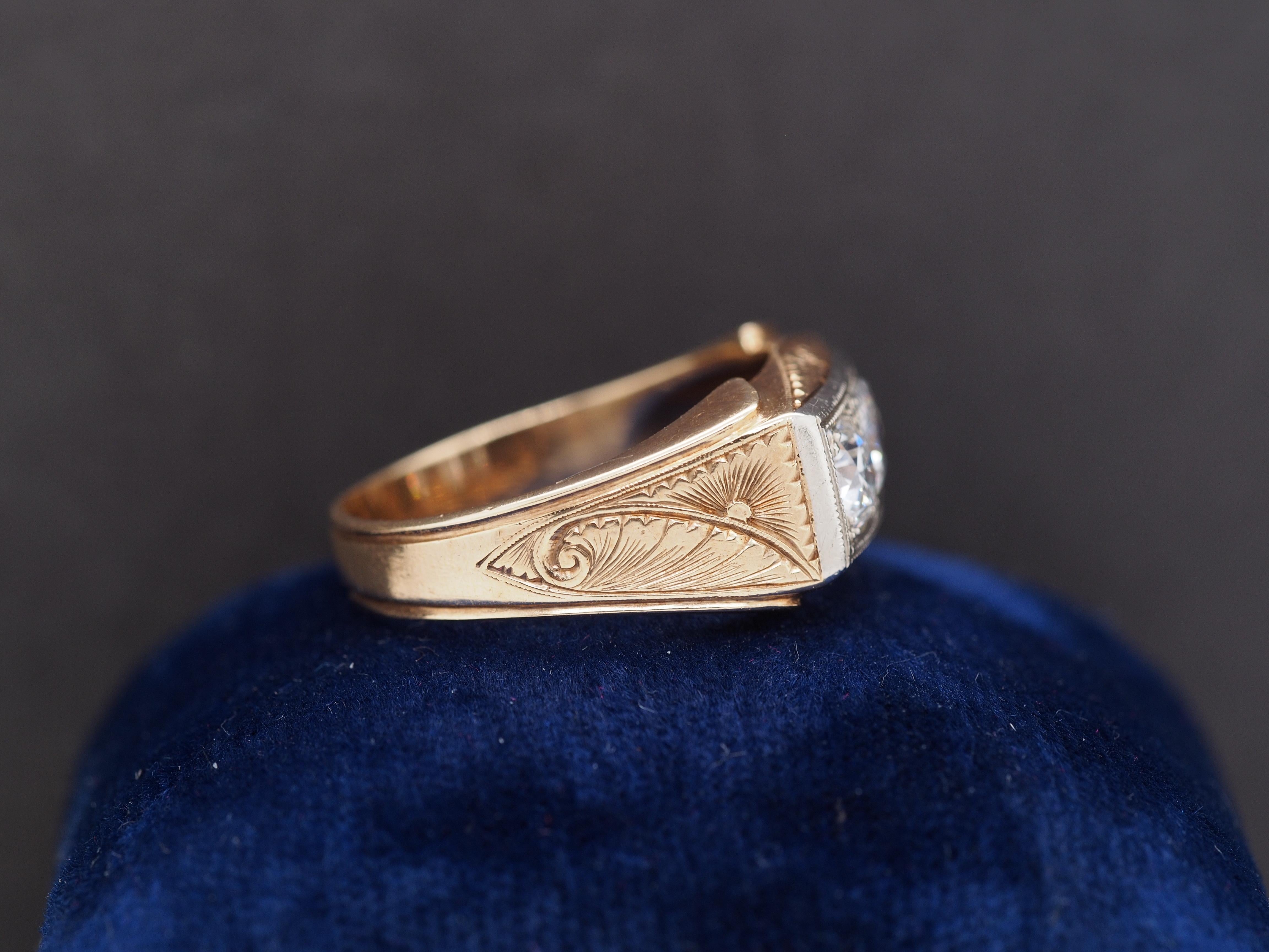 Circa 1900s 14K Yellow Gold Edwardian 1.30ct Diamond Engagement Ring w Engraving In Good Condition For Sale In Atlanta, GA
