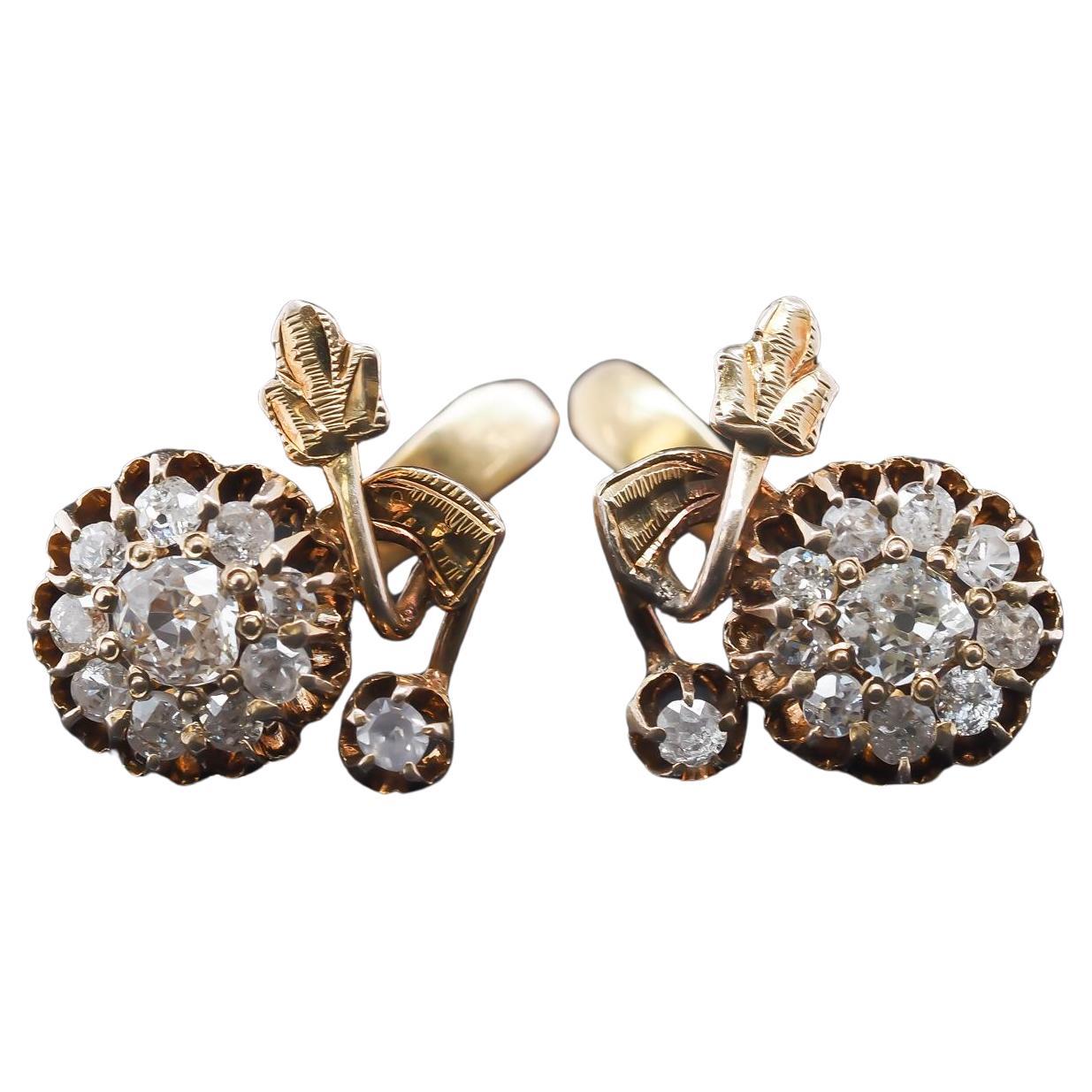 Circa 1900s 14K Yellow Gold Old Mine Diamond Cluster Earrings