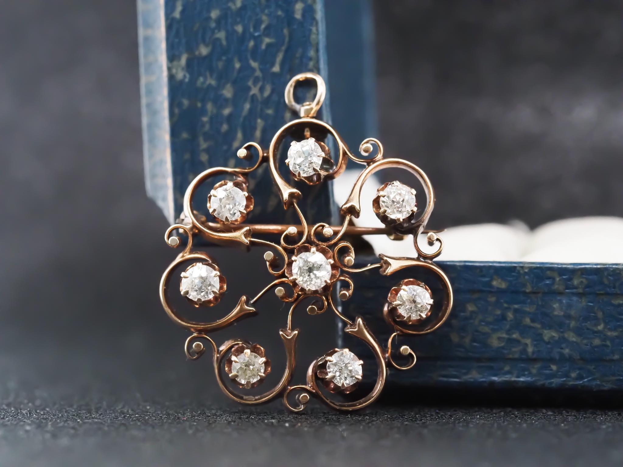 Item Details:
Metal Type: 14K Yellow Gold   [Hallmarked, and Tested]
Weight: 9.4 grams
Diamond Details: 2.00ct total weight, Old Mine Brilliant, Natural Diamonds, J/K Color, SI Clarity
Pin Measurements:
Diameter: 1.25 inches
Condition: 