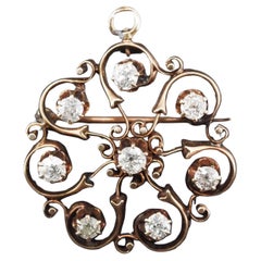 Colgante y broche de diamantes de mina antigua de oro amarillo de 14 quilates de alrededor de 1900