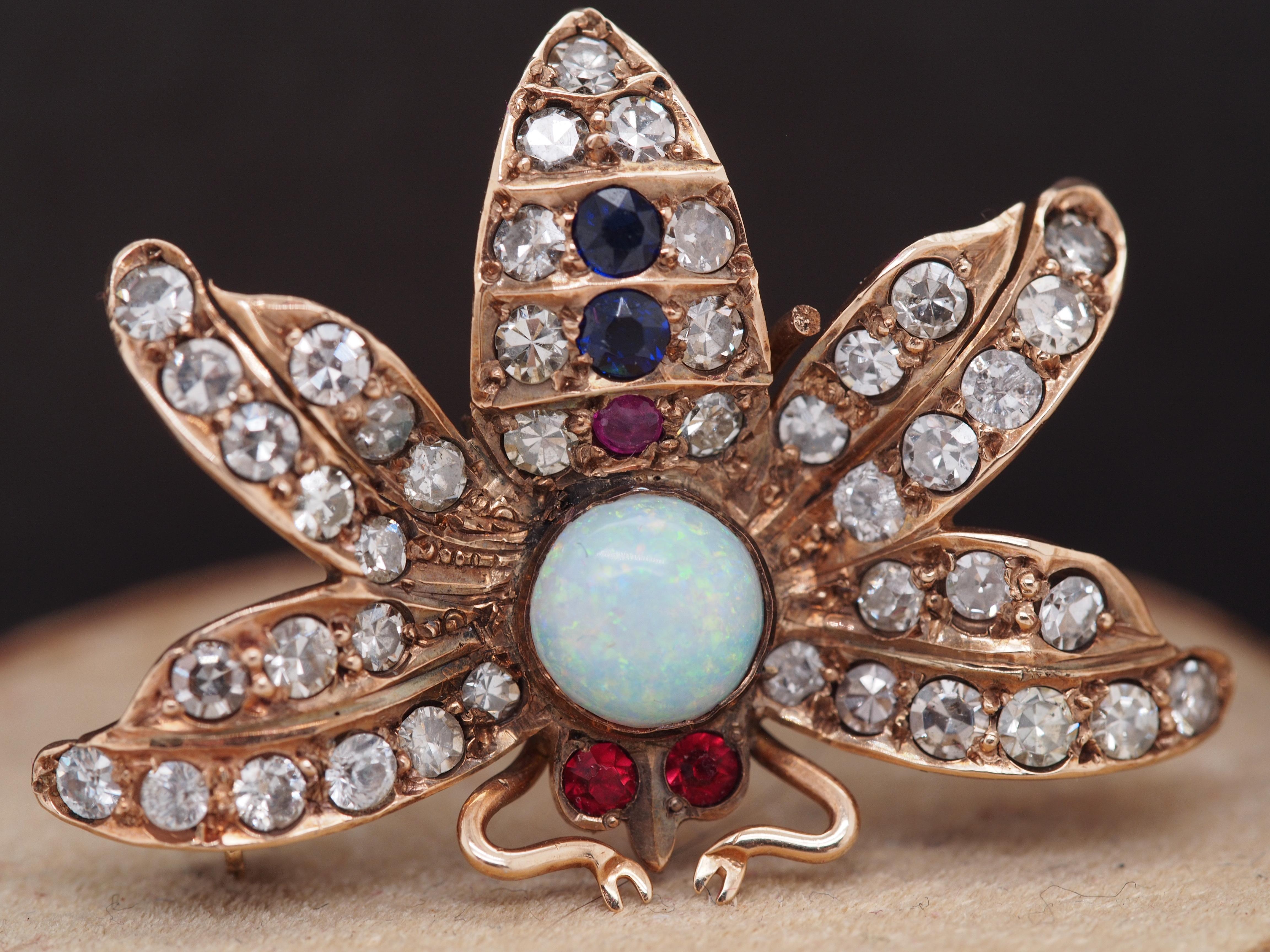 Edwardian Circa 1900s 14K Yellow Gold Opal, Diamond, Sapphire and Ruby Butterfly Brooch For Sale