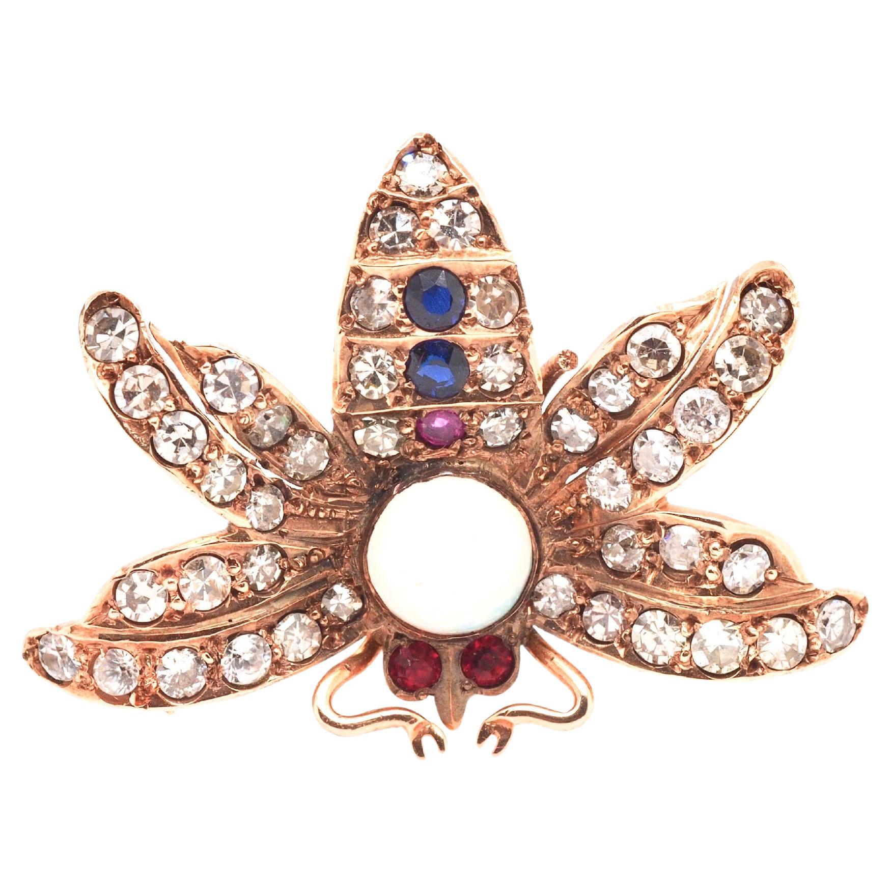 Circa 1900s 14K Yellow Gold Opal, Diamond, Sapphire and Ruby Butterfly Brooch For Sale