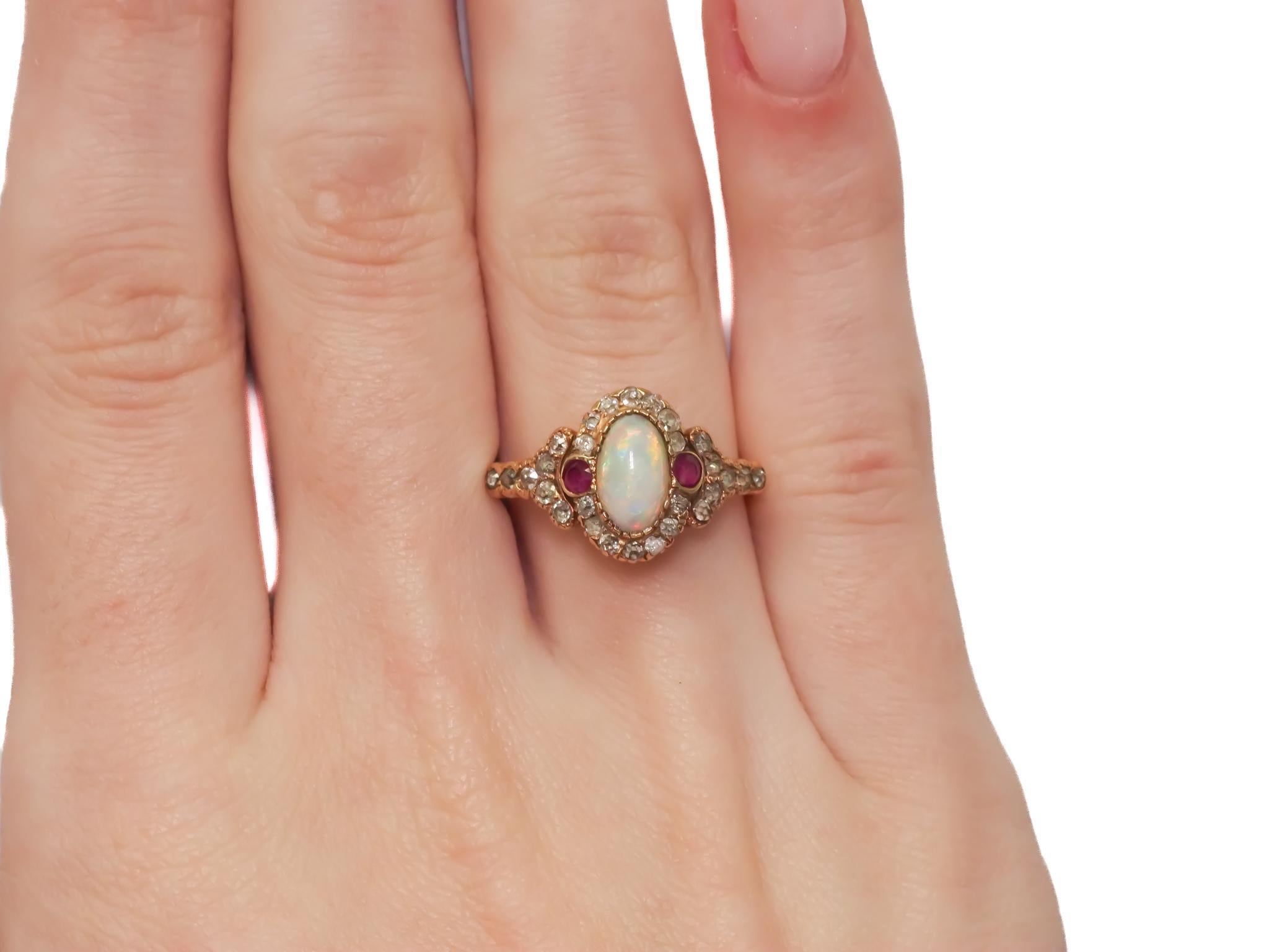 Circa 1900s 14K Yellow Gold Opal, Ruby, and Old Mine Diamond Ring in vendita 5