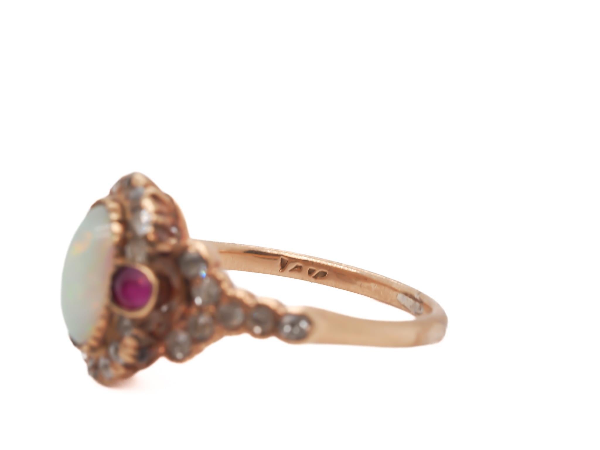 Circa 1900s 14K Yellow Gold Opal, Ruby, and Old Mine Diamond Ring In condizioni buone in vendita a Hicksville, NY