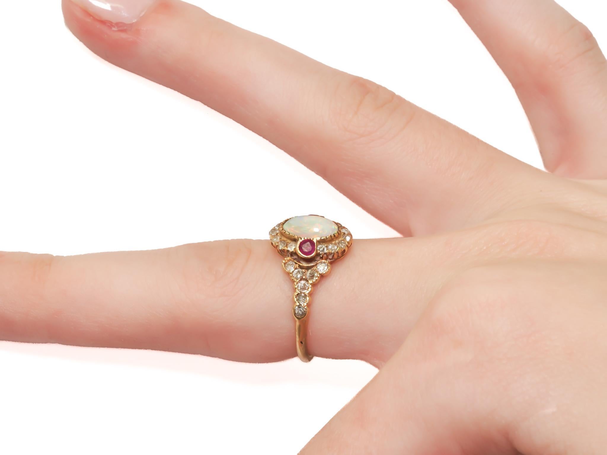 Circa 1900s 14K Yellow Gold Opal, Ruby, and Old Mine Diamond Ring in vendita 3