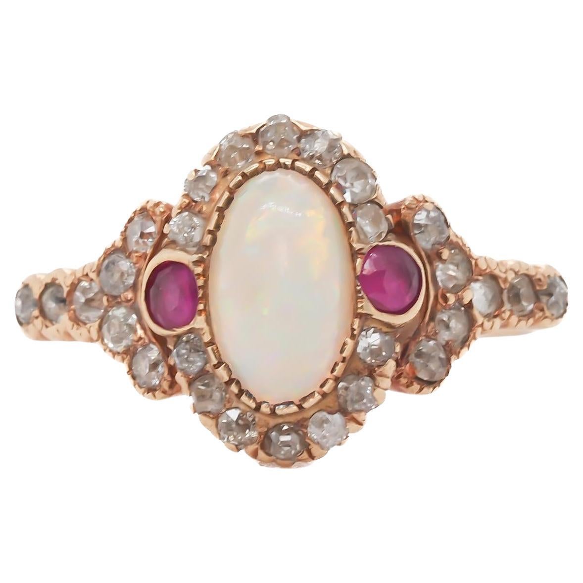 Circa 1900s 14K Yellow Gold Opal, Ruby, and Old Mine Diamond Ring