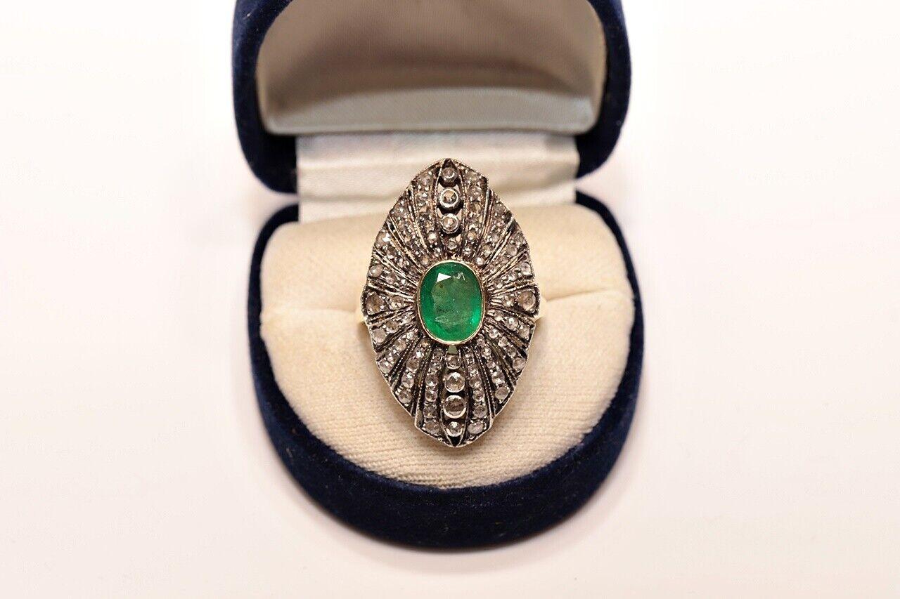  Circa 1900s 18k Gold Top Silver Natural Rose Cut Diamond And Emerald Ring For Sale 5