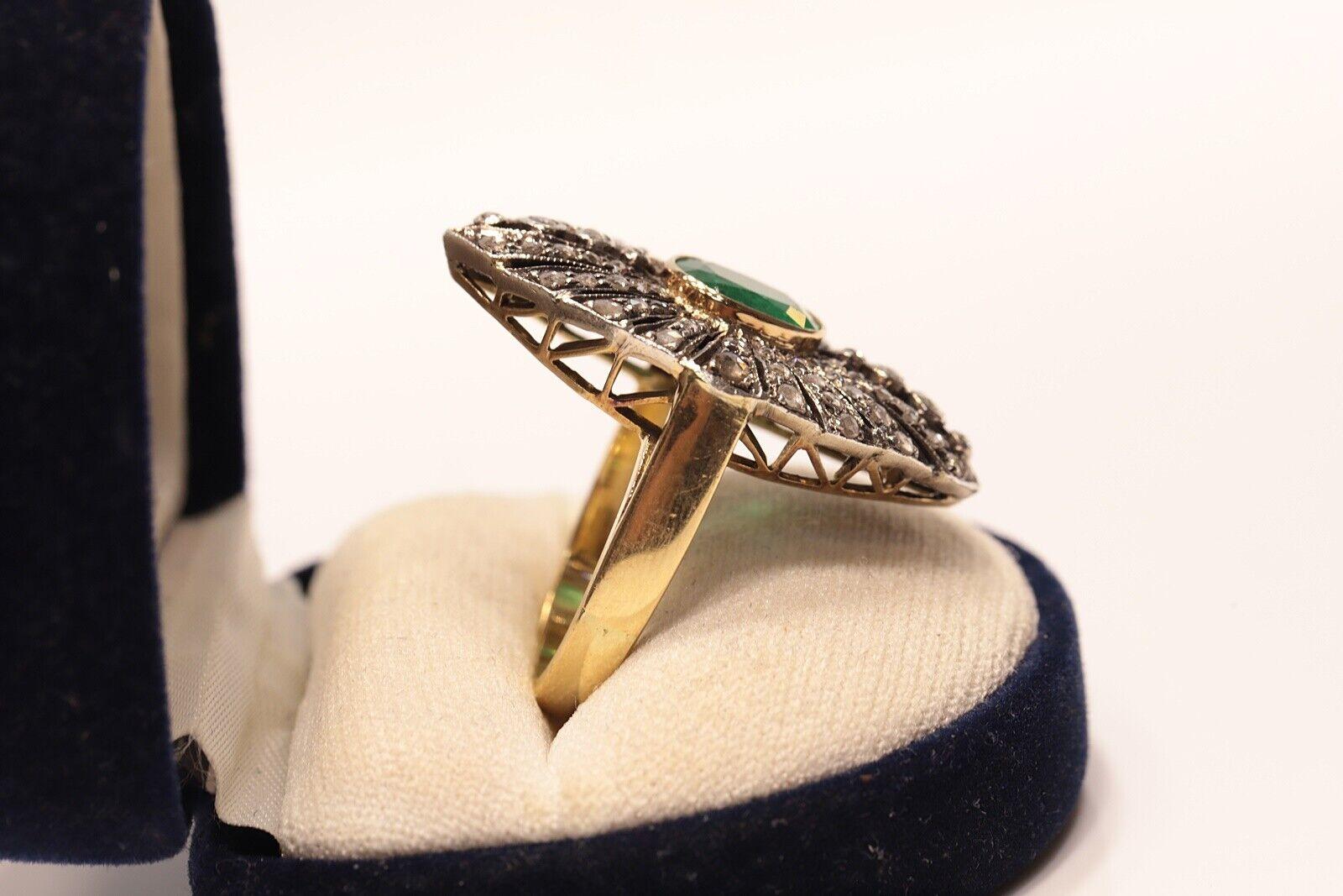 Victorian  Circa 1900s 18k Gold Top Silver Natural Rose Cut Diamond And Emerald Ring For Sale