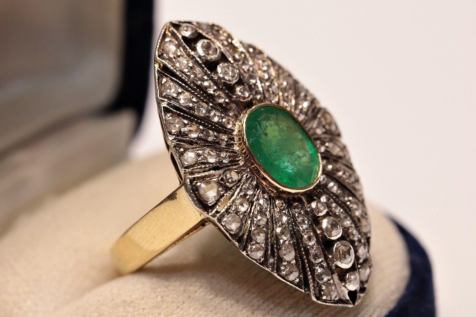  Circa 1900s 18k Gold Top Silver Natural Rose Cut Diamond And Emerald Ring In Good Condition For Sale In Fatih/İstanbul, 34