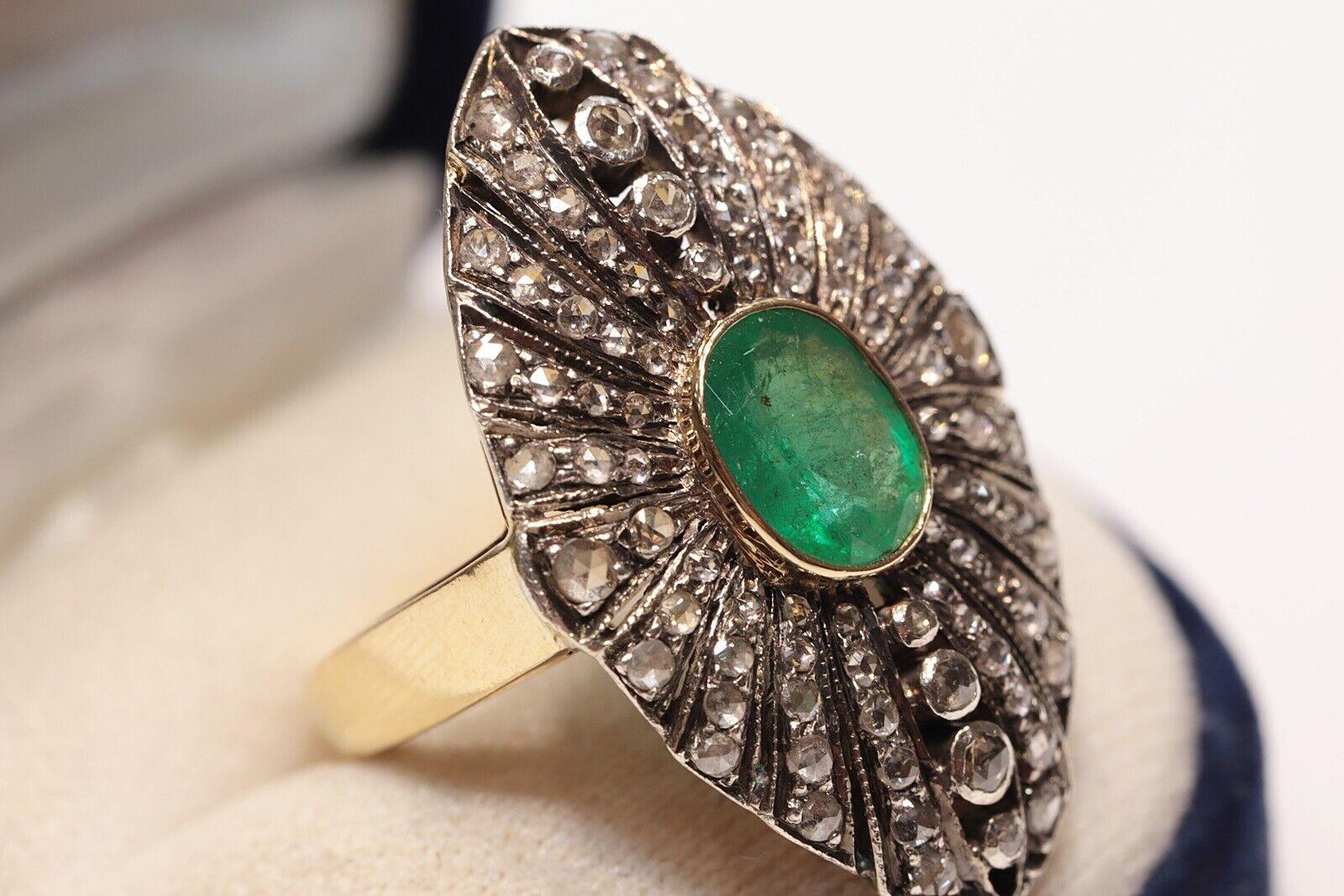 Women's  Circa 1900s 18k Gold Top Silver Natural Rose Cut Diamond And Emerald Ring For Sale