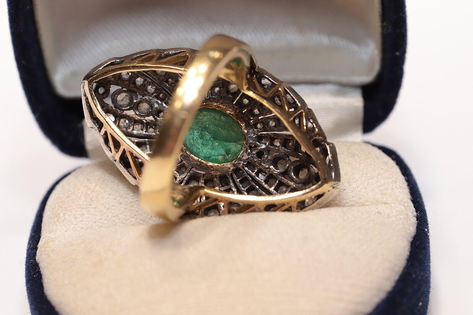  Circa 1900s 18k Gold Top Silver Natural Rose Cut Diamond And Emerald Ring For Sale 1