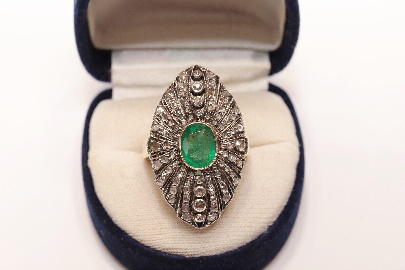  Circa 1900s 18k Gold Top Silver Natural Rose Cut Diamond And Emerald Ring For Sale 4