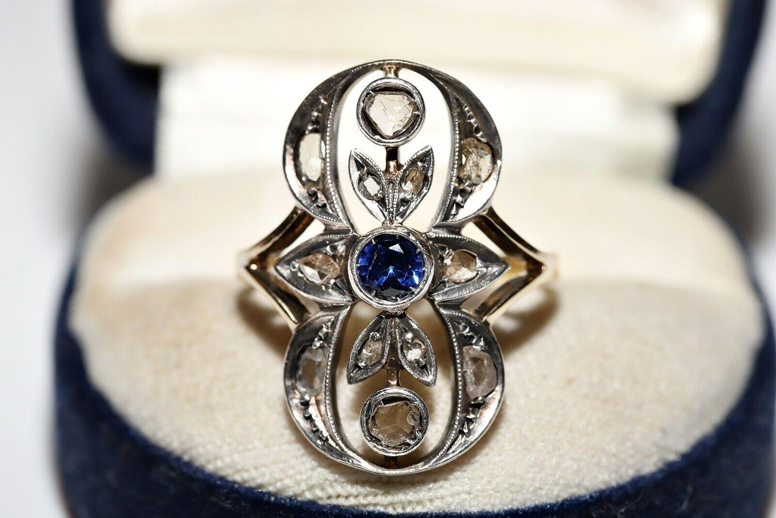 Circa 1900s 18k Gold Top Silver Natural Rose Cut Diamond And Sapphire Ring For Sale 5