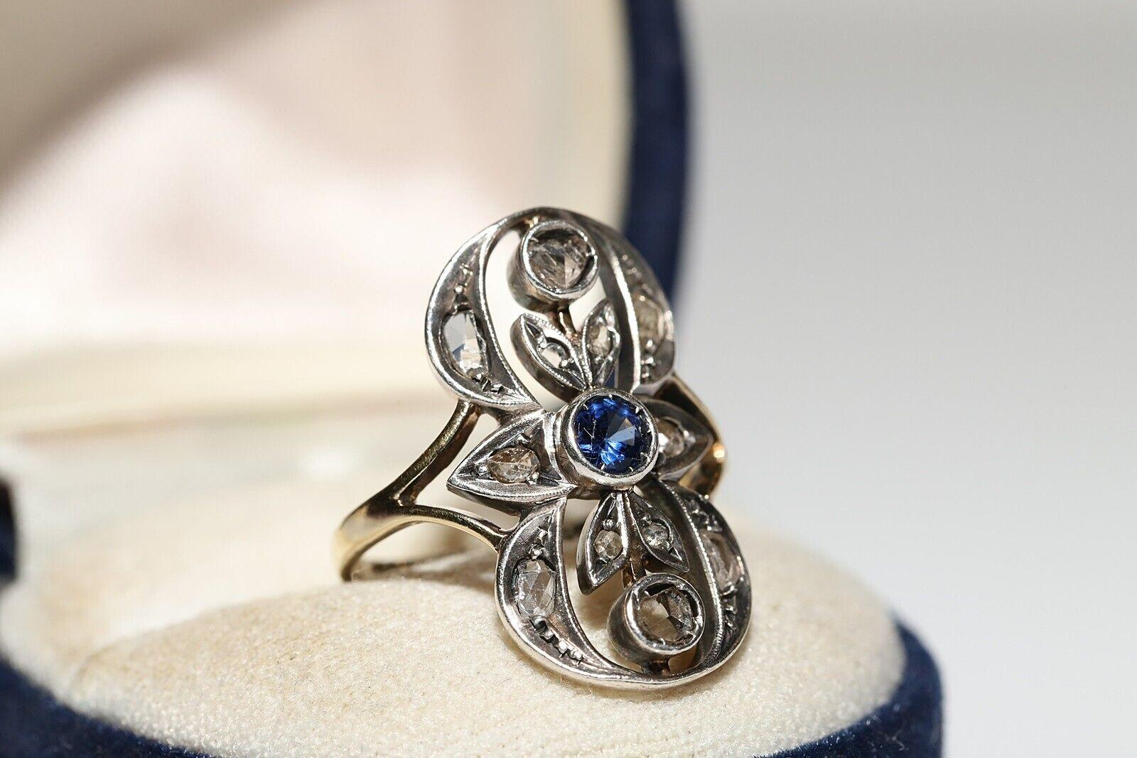 Circa 1900s 18k Gold Top Silver Natural Rose Cut Diamond And Sapphire Ring For Sale 6