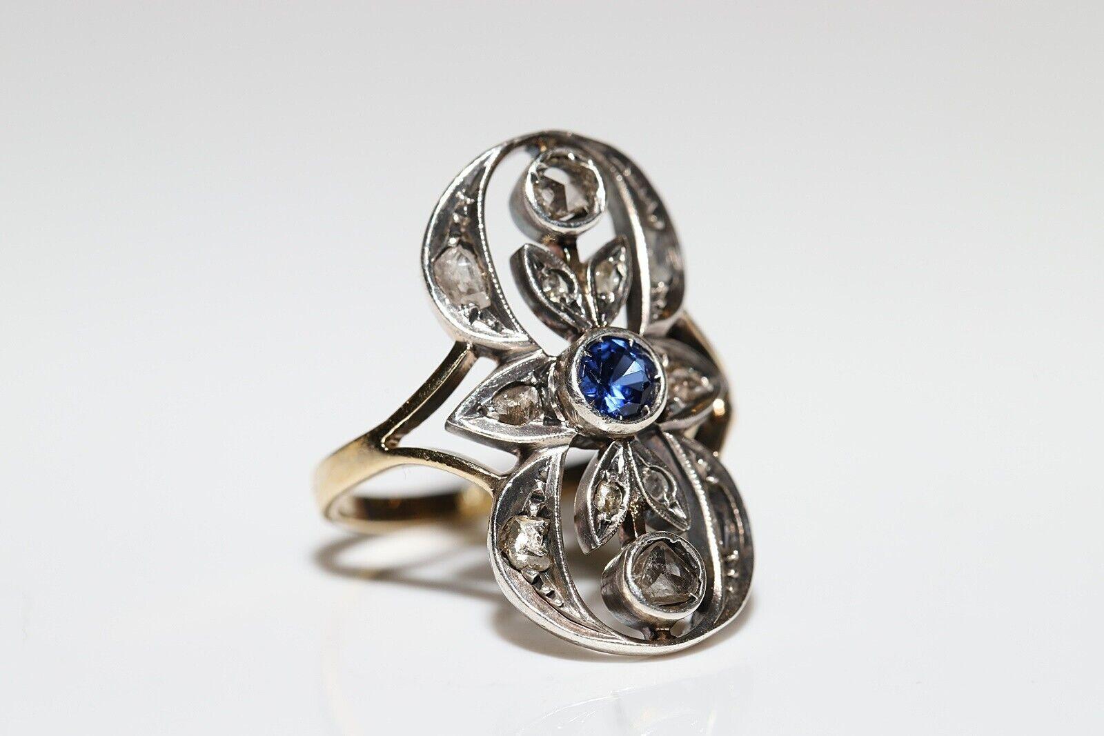 Victorian Circa 1900s 18k Gold Top Silver Natural Rose Cut Diamond And Sapphire Ring For Sale