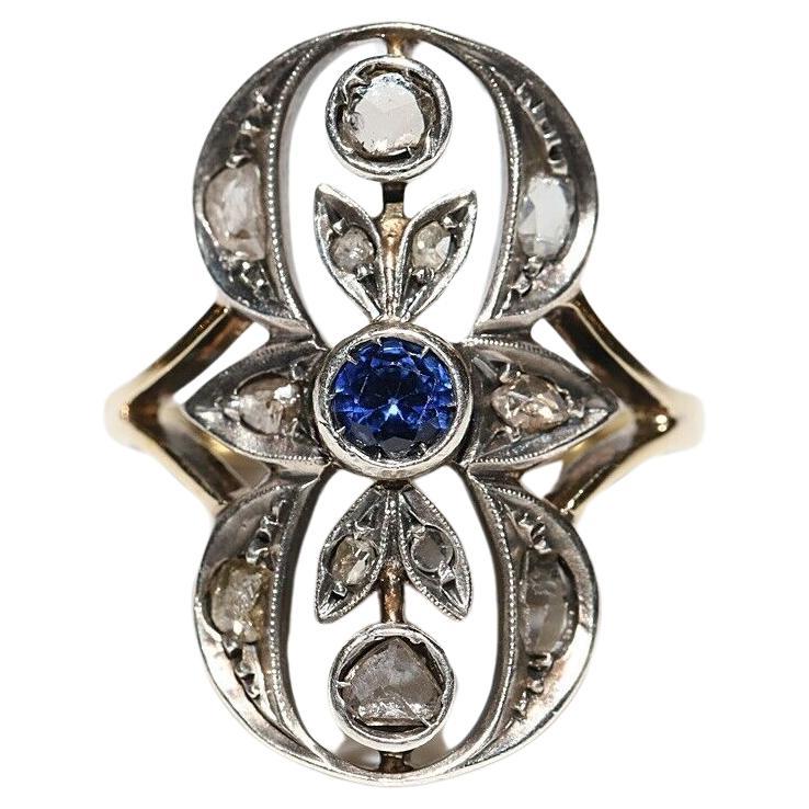 Circa 1900s 18k Gold Top Silver Natural Rose Cut Diamond And Sapphire Ring For Sale