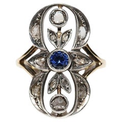 Antique Circa 1900s 18k Gold Top Silver Natural Rose Cut Diamond And Sapphire Ring