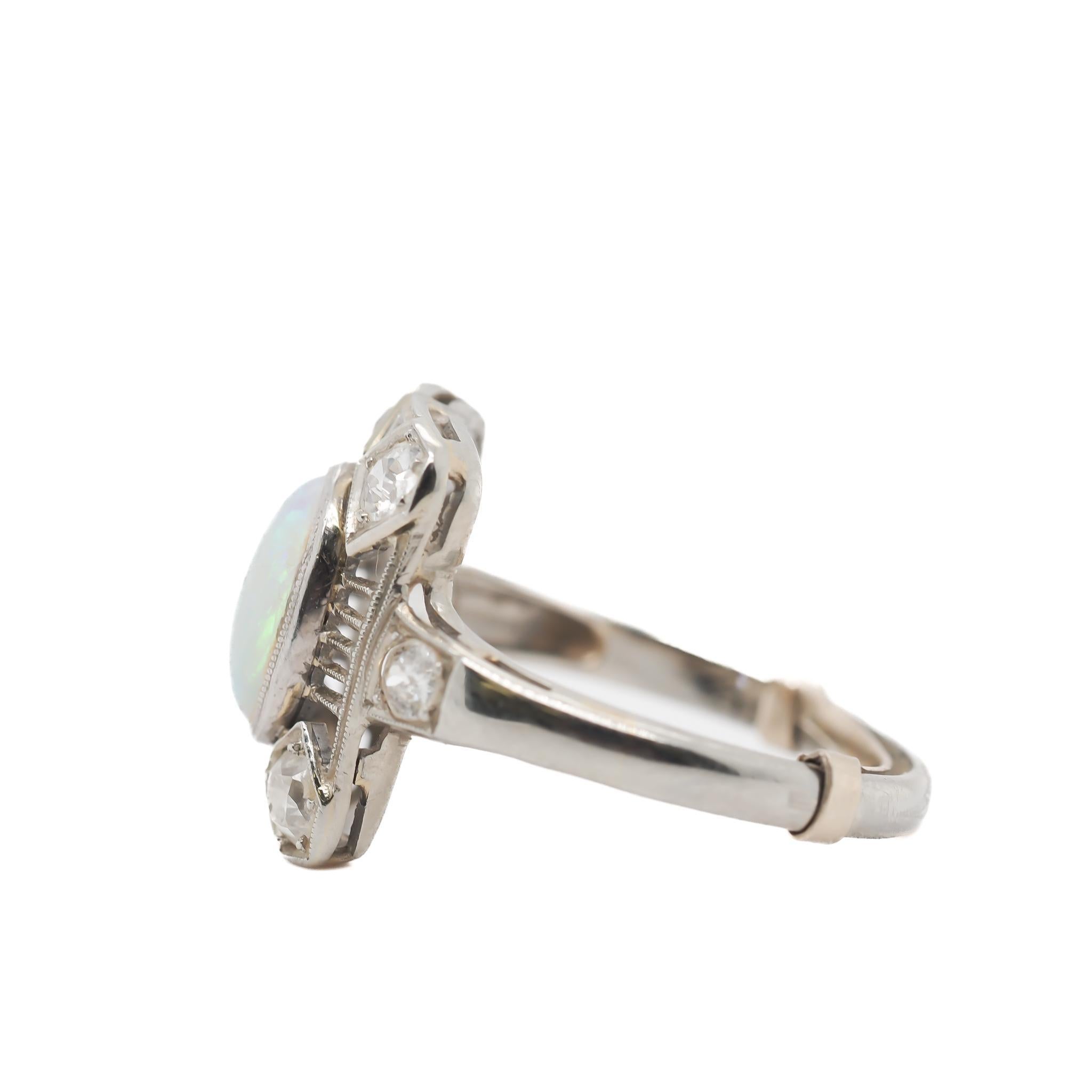 Edwardian Circa 1900s 18K White Gold Opal and Old Mine Diamond Ring - VEG#20a For Sale