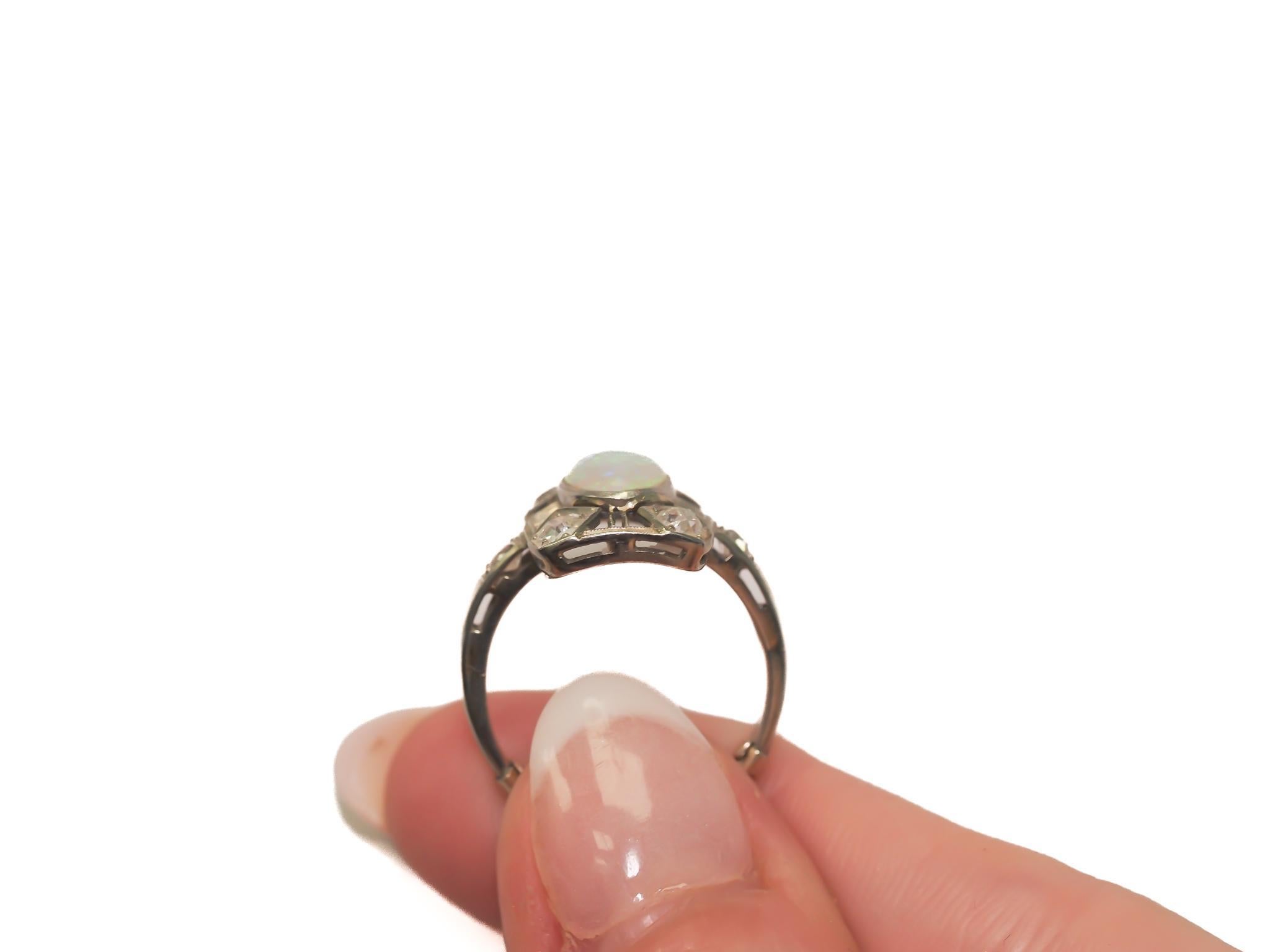 Circa 1900s 18K White Gold Opal and Old Mine Diamond Ring - VEG#20a In Good Condition For Sale In Hicksville, NY
