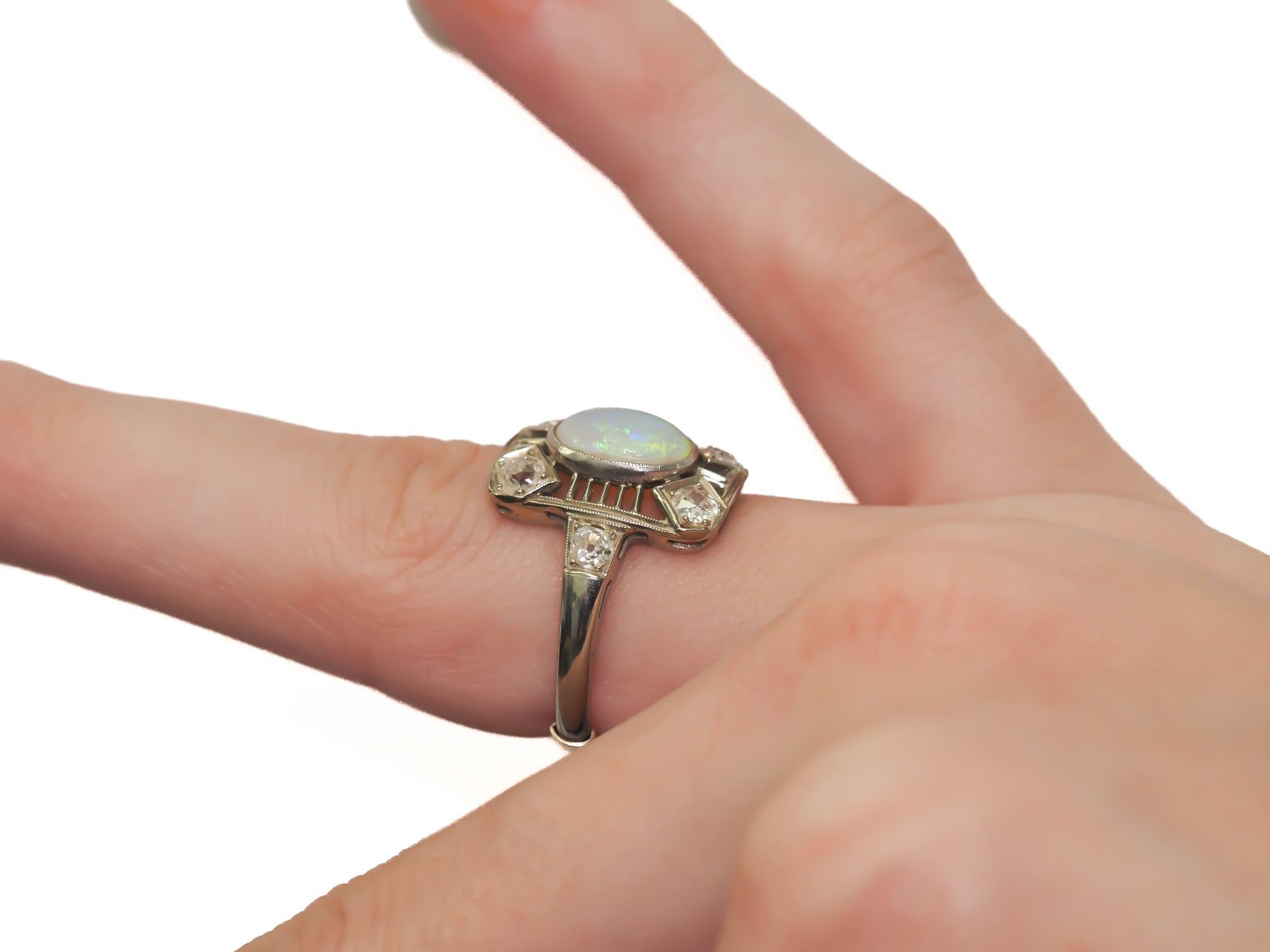 Women's Circa 1900s 18K White Gold Opal and Old Mine Diamond Ring - VEG#20a For Sale