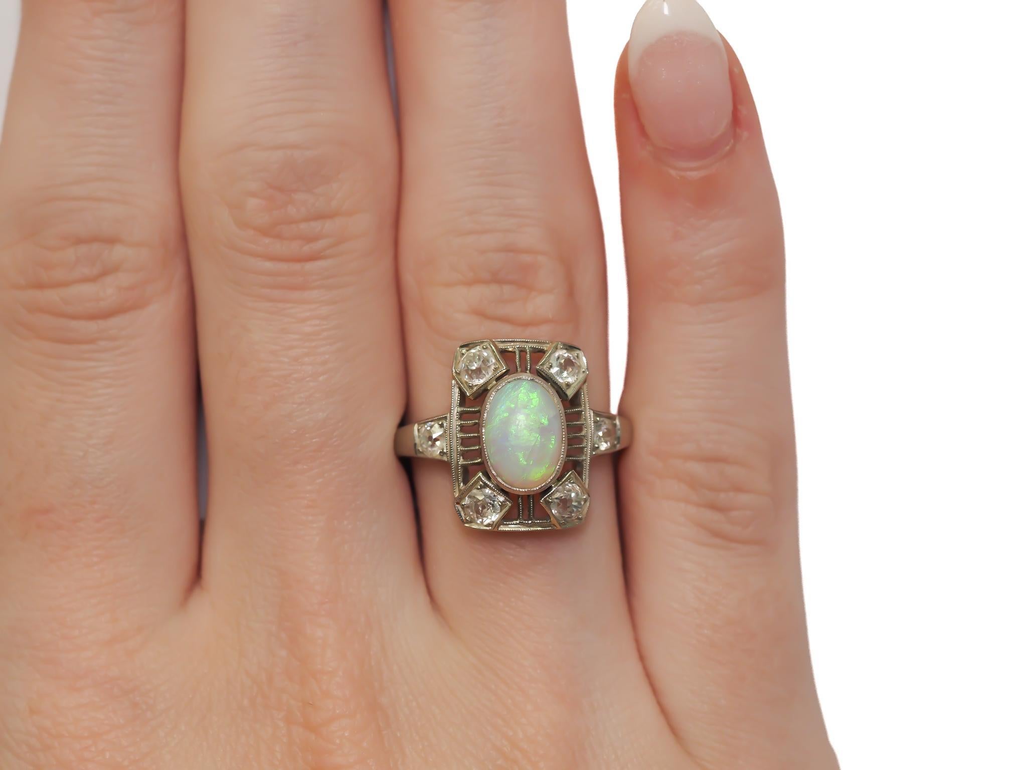 Circa 1900s 18K White Gold Opal and Old Mine Diamond Ring - VEG#20a For Sale 2