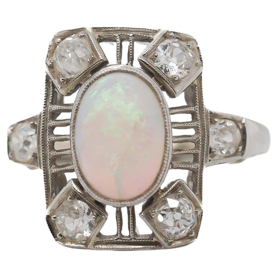 Circa 1900s 18K White Gold Opal and Old Mine Diamond Ring - VEG#20a For Sale