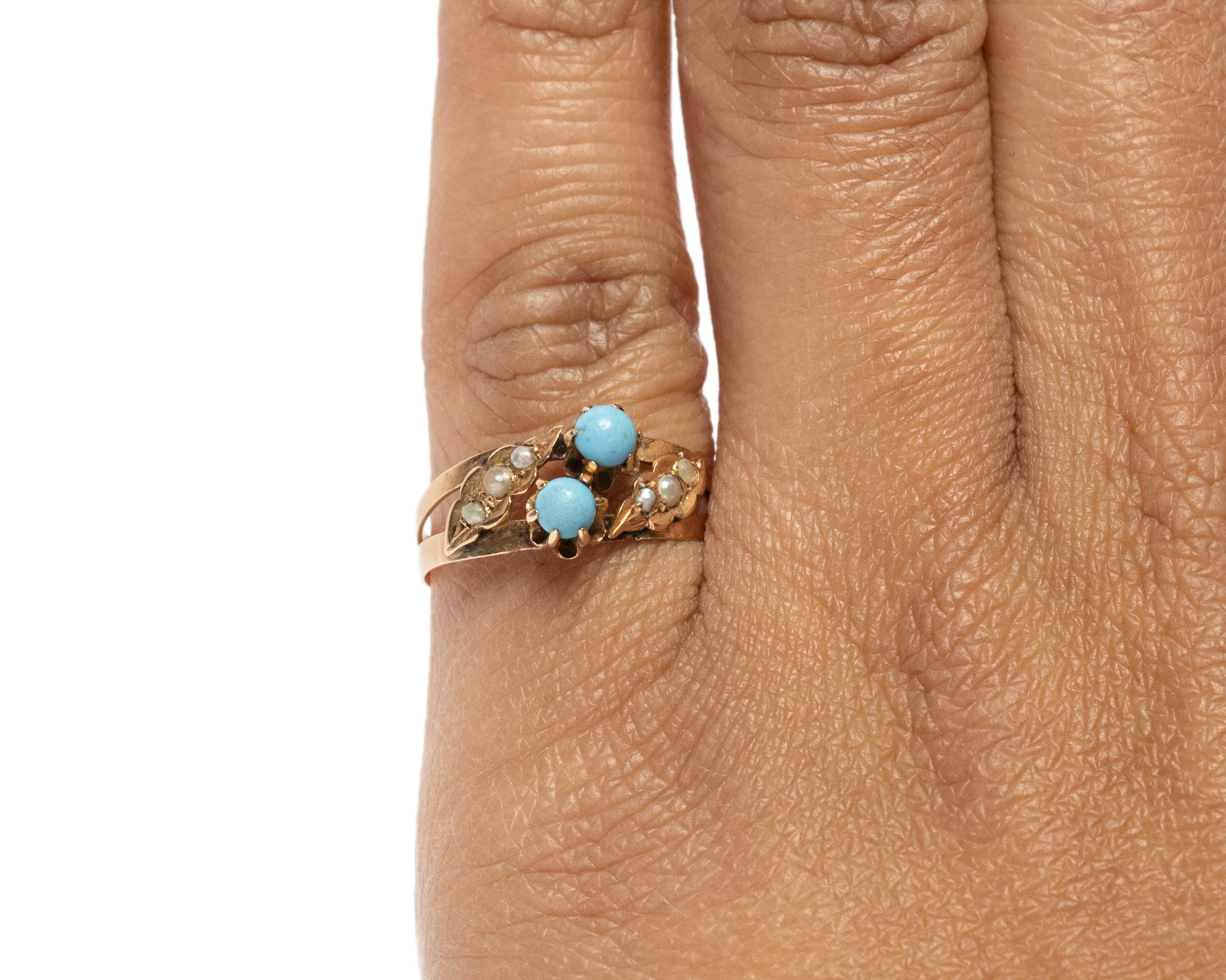 18 Karat Yellow Gold Persian Turquoise and Seed Pearl Fashion Ring, circa 1900s In Good Condition In Addison, TX
