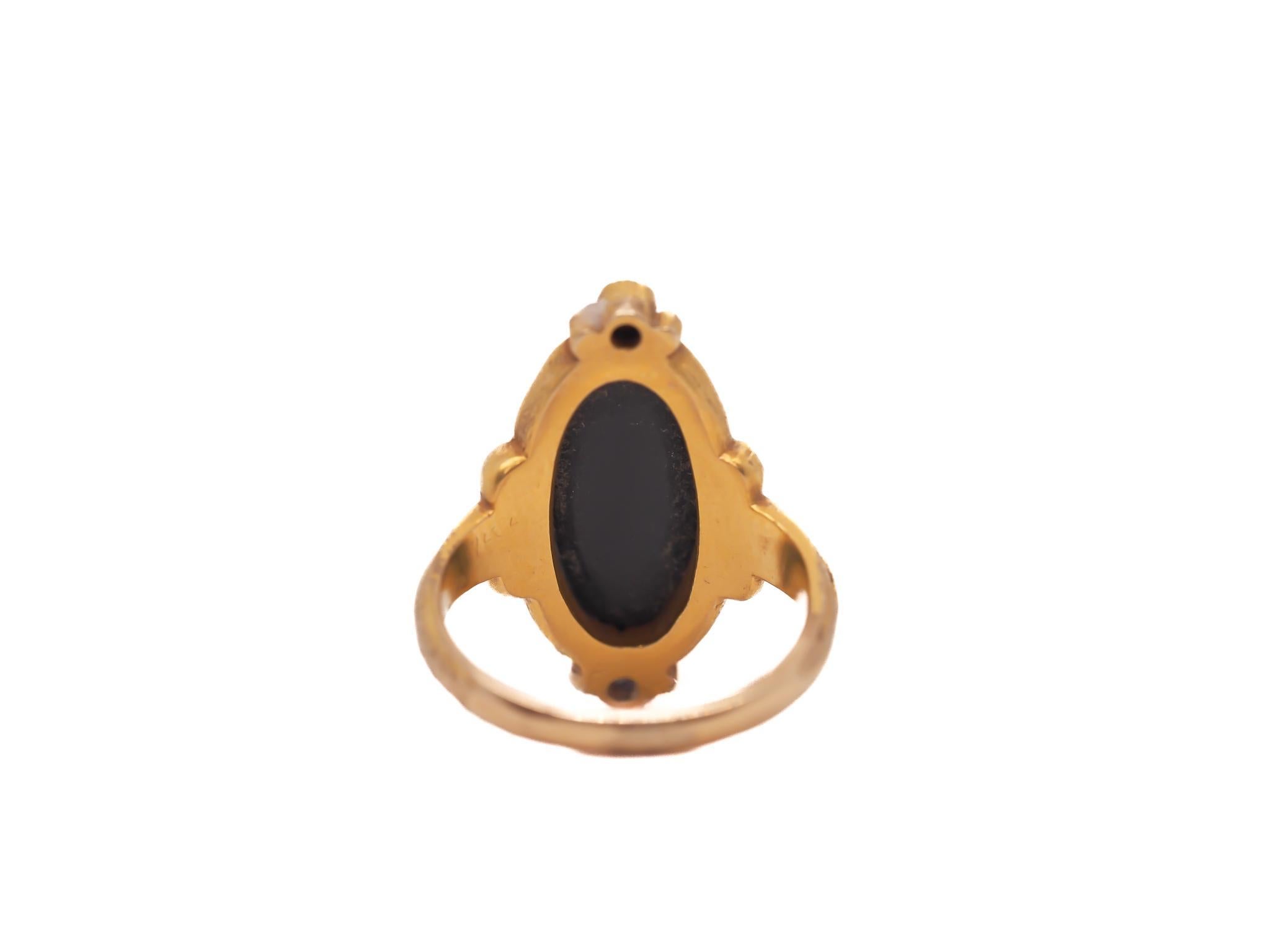 Circa 1900s Art Nouveau 18K Yellow Gold Black Opal and Diamond Ring - VEG#2029a In Good Condition For Sale In Hicksville, NY