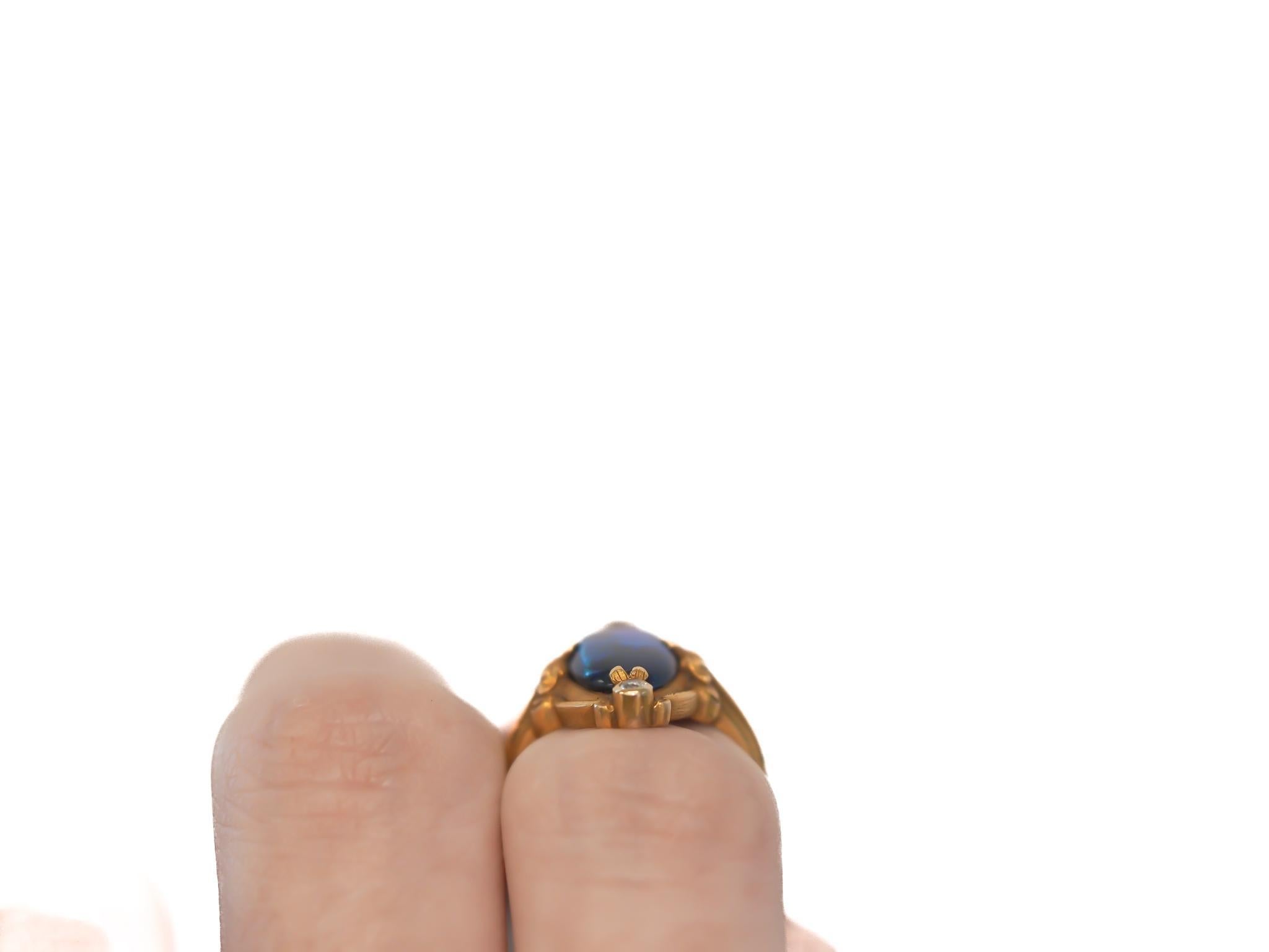 Women's Circa 1900s Art Nouveau 18K Yellow Gold Black Opal and Diamond Ring - VEG#2029a For Sale