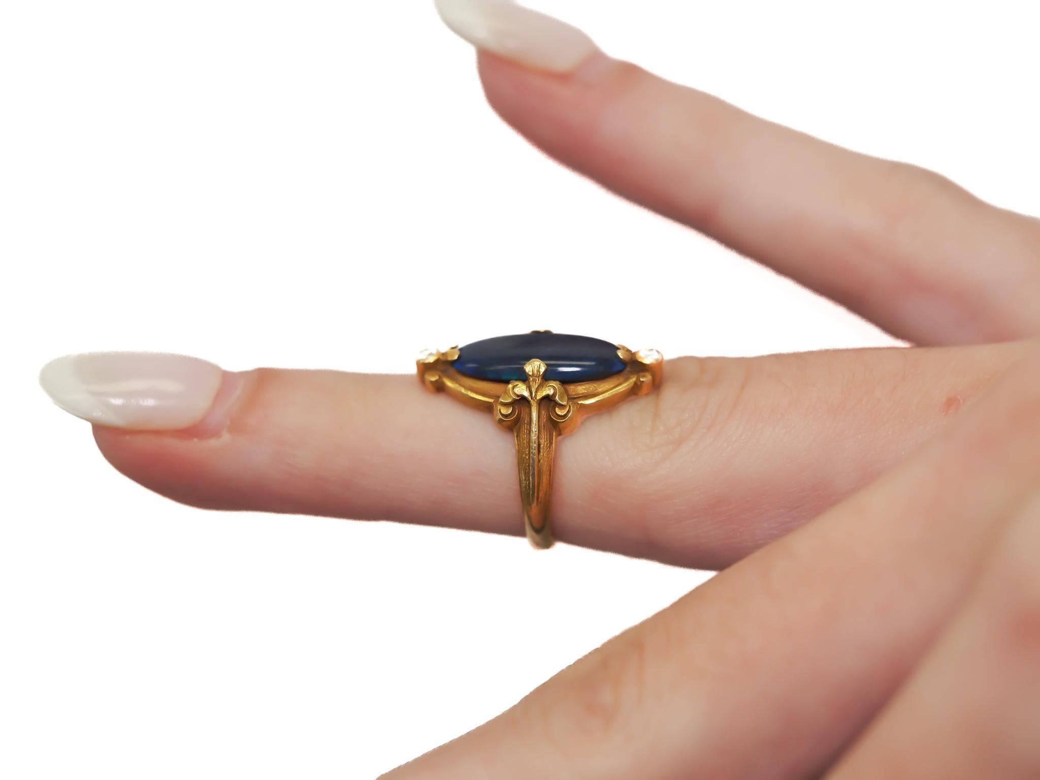 Circa 1900s Art Nouveau 18K Yellow Gold Black Opal and Diamond Ring - VEG#2029a For Sale 1
