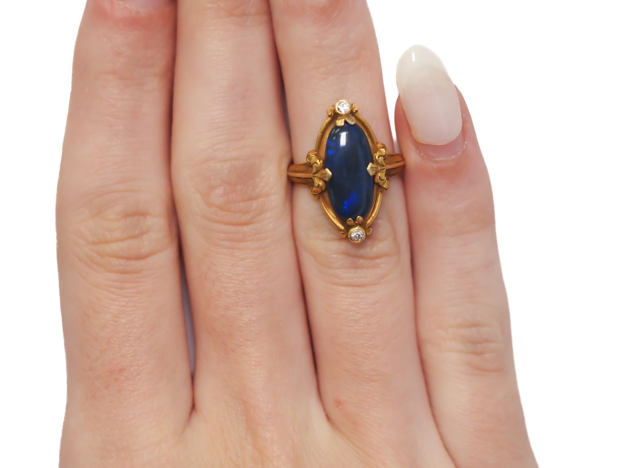 Circa 1900s Art Nouveau 18K Yellow Gold Black Opal and Diamond Ring - VEG#2029a For Sale 2