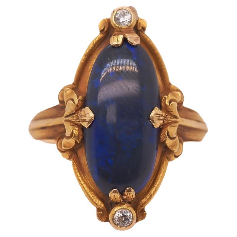 Circa 1900s Art Nouveau 18K Yellow Gold Black Opal and Diamond Ring - VEG#2029a For Sale