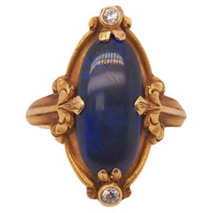 Circa 1900s Art Nouveau 18K Yellow Gold Black Opal and Diamond Ring - VEG#2029a
