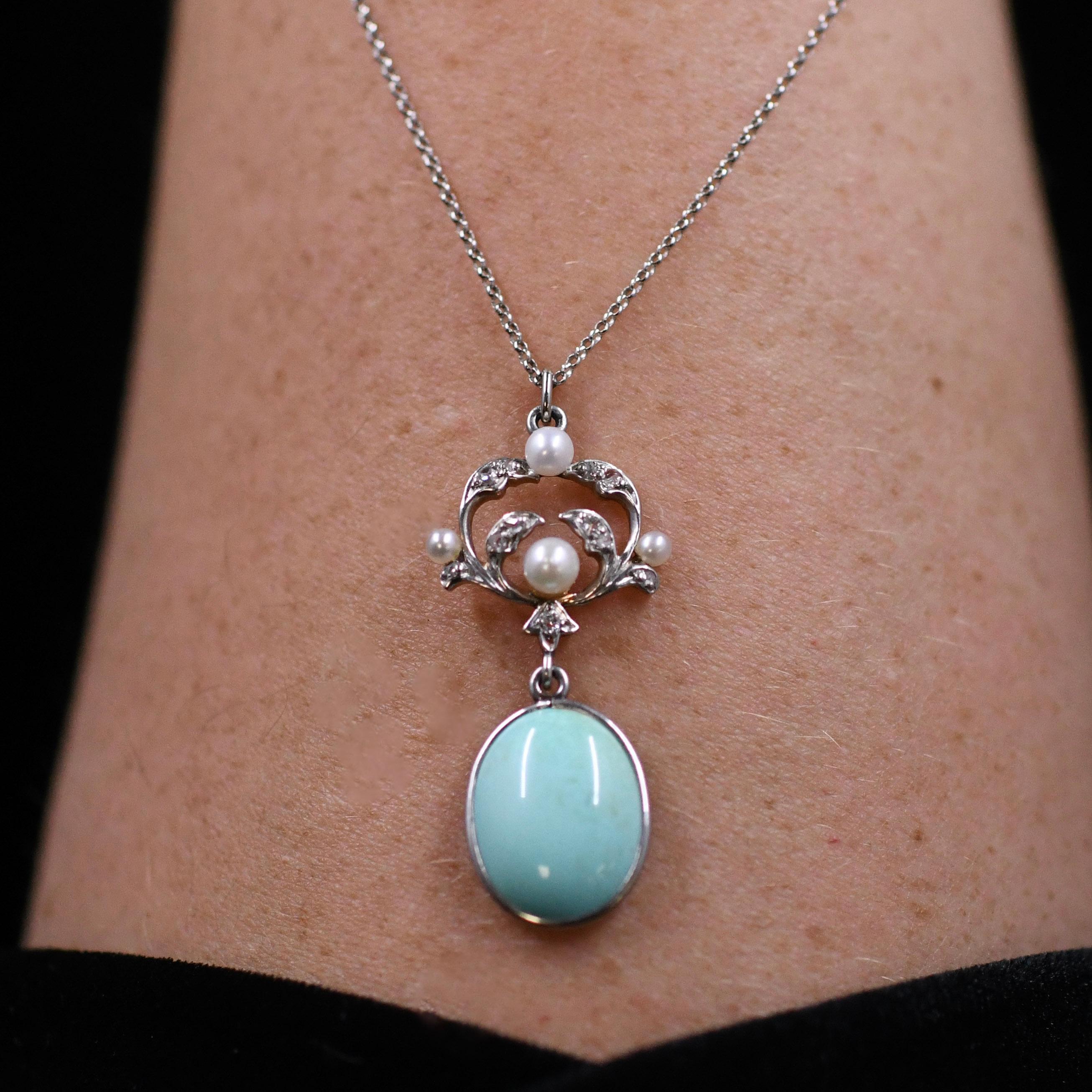 Circa 1900's Art Nouveau Platinum Turquoise, Diamond, & Pearl Necklace In Good Condition In Addison, TX