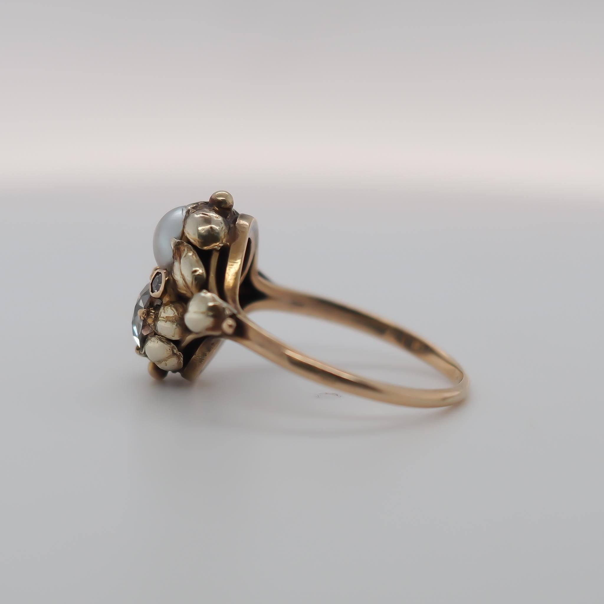 Russian Empire Circa 1900s Arts & Crafts Era Old European Diamond and Pearl Engagement Ring
