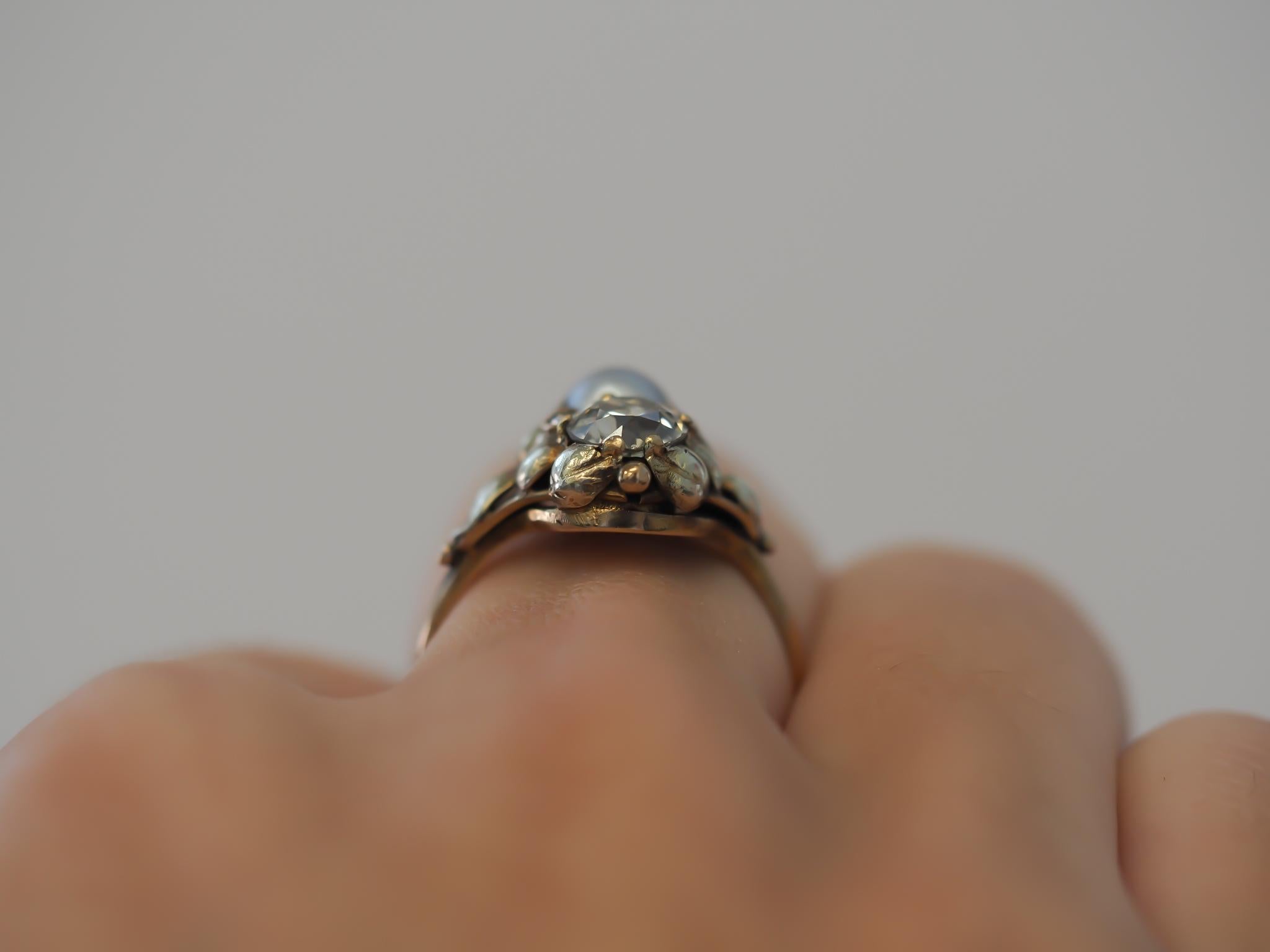 Women's Circa 1900s Arts & Crafts Era Old European Diamond and Pearl Engagement Ring
