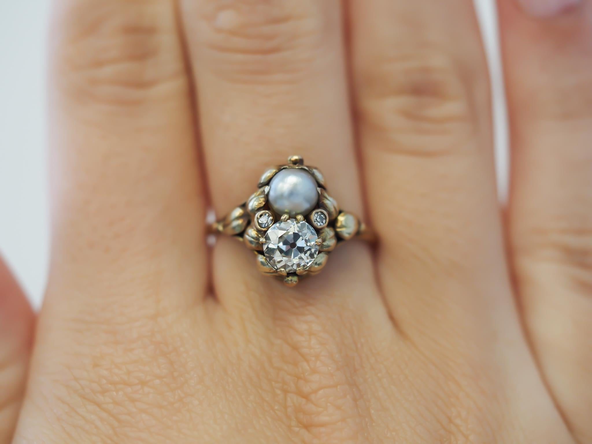 Circa 1900s Arts & Crafts Era Old European Diamond and Pearl Engagement Ring 1