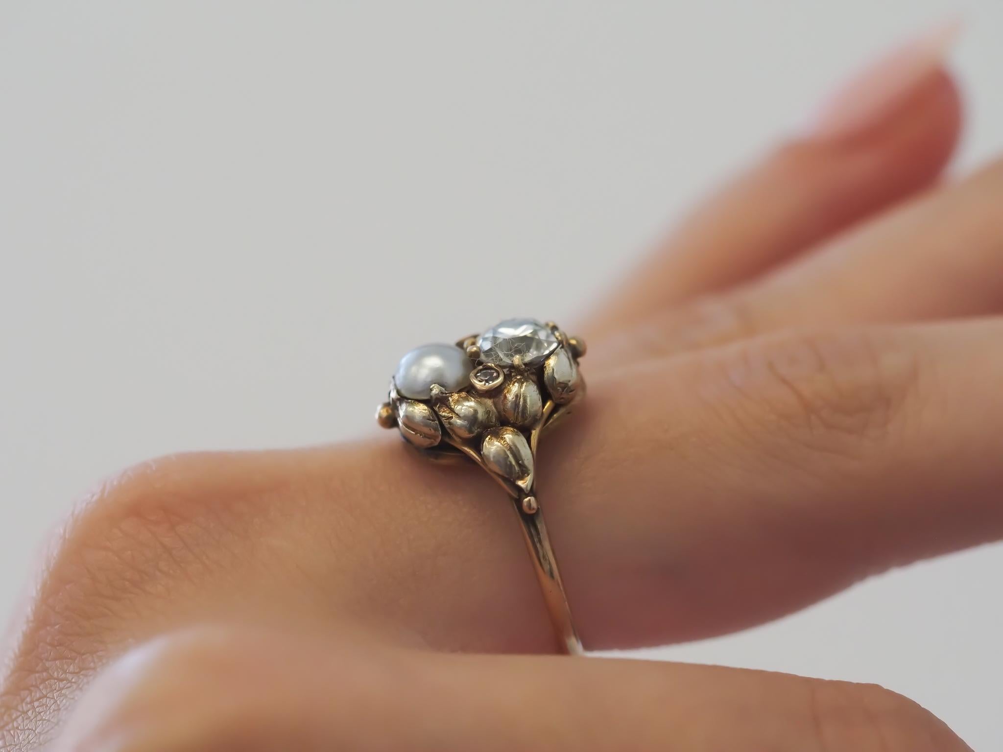 Circa 1900s Arts & Crafts Era Old European Diamond and Pearl Engagement Ring 2