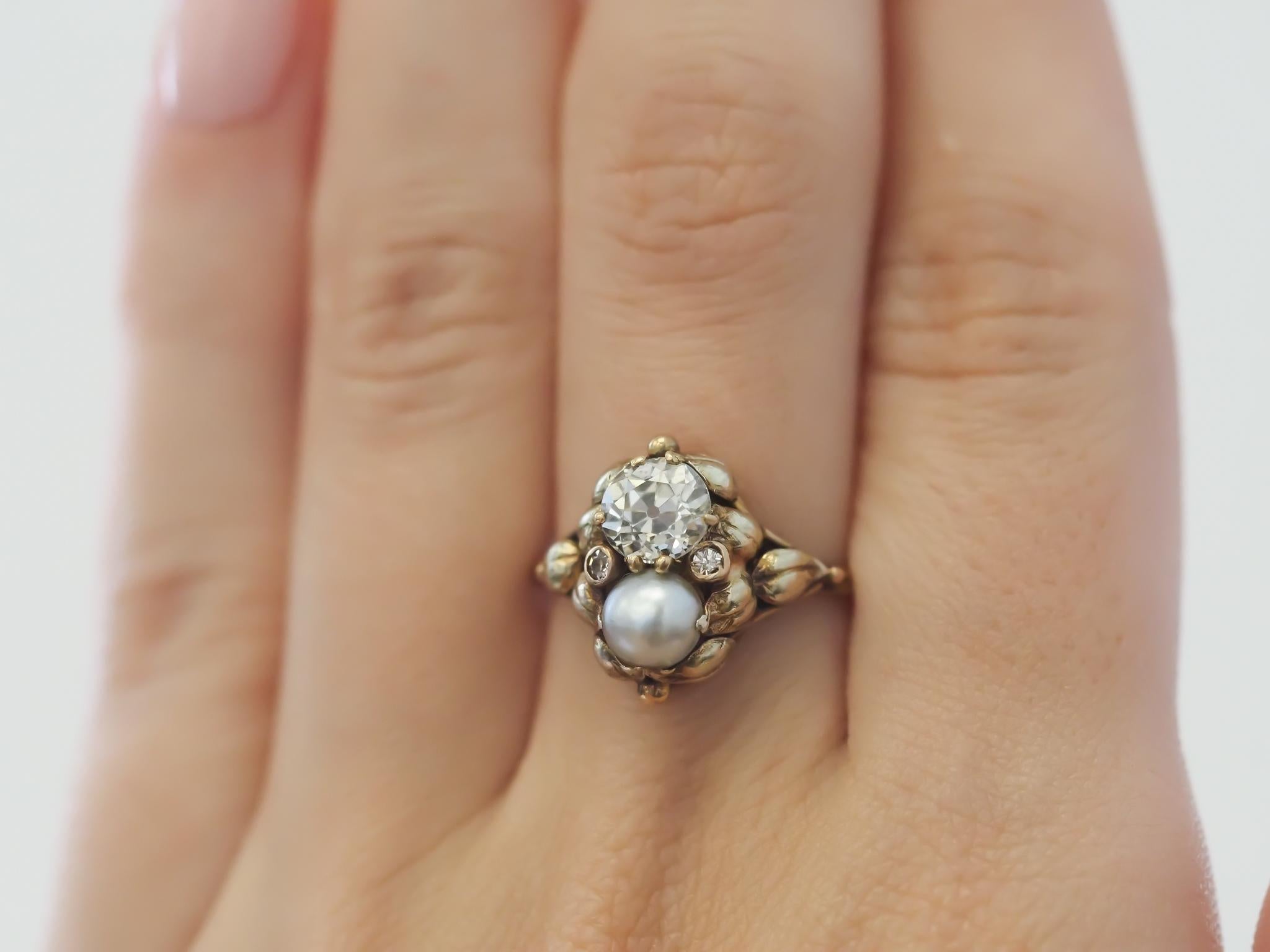 Circa 1900s Arts & Crafts Era Old European Diamond and Pearl Engagement Ring 3