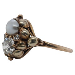 Anello di fidanzamento con diamante e perla del 1900, epoca Arts & Crafts, vecchia Europa