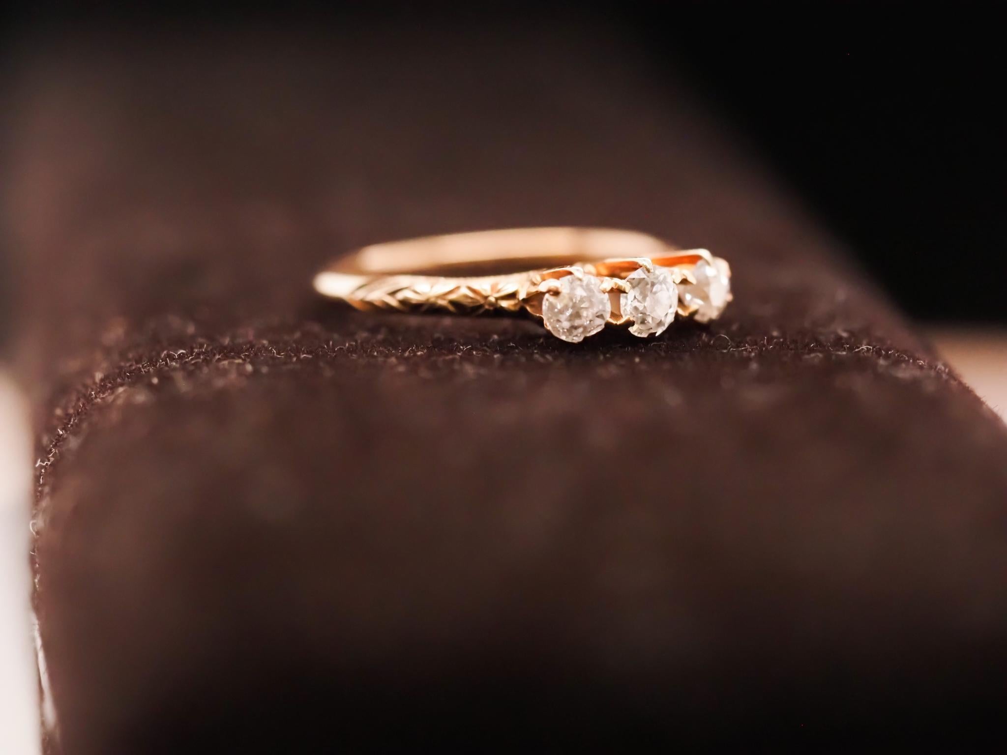 Year: 1900s
Item Details:
Ring Size: 7.25
Metal Type: 14k yellow gold [Hallmarked, and Tested]
Weight: 2.0 grams
Diamond Details: .40ct, total weight, old mine brilliant, G Color, VS Clarity
Band Width: 1.6mm
Condition: Excellent