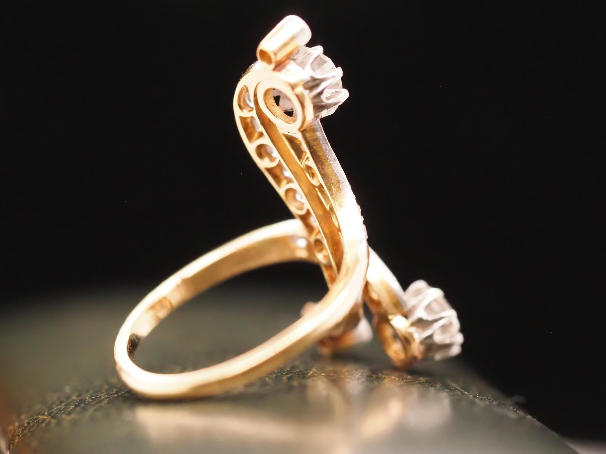 Old European Cut Circa 1900s Edwardian 14K Yellow Gold and Platinum Crossover Ring For Sale