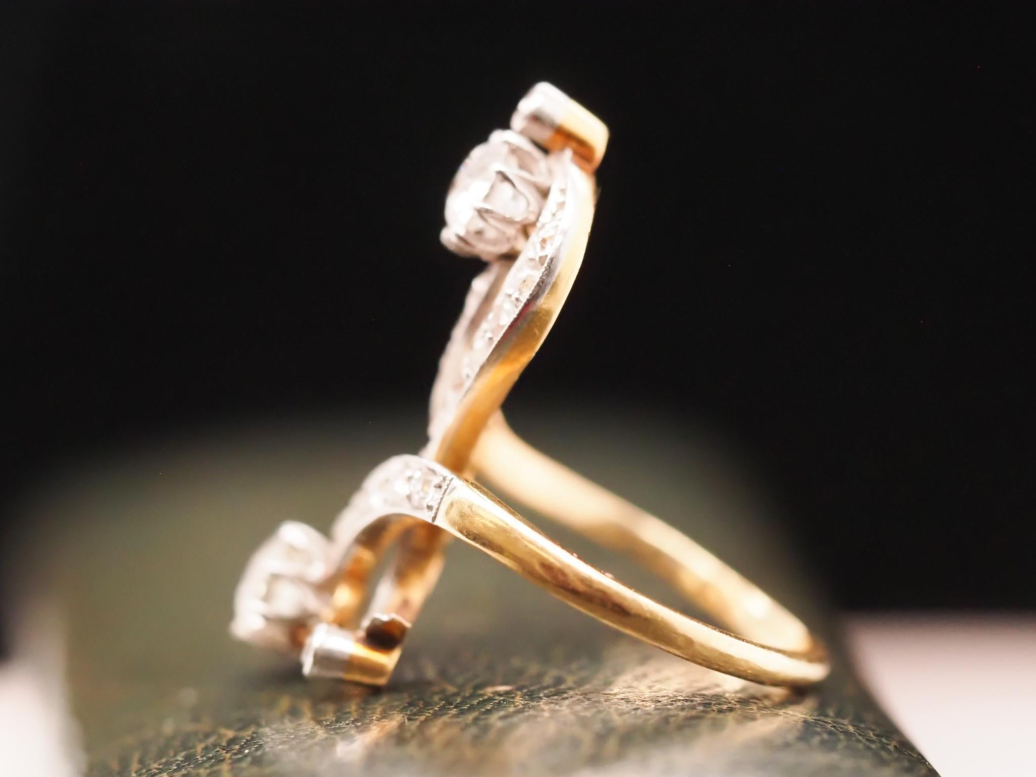 Circa 1900s Edwardian 14K Yellow Gold and Platinum Crossover Ring For Sale 1