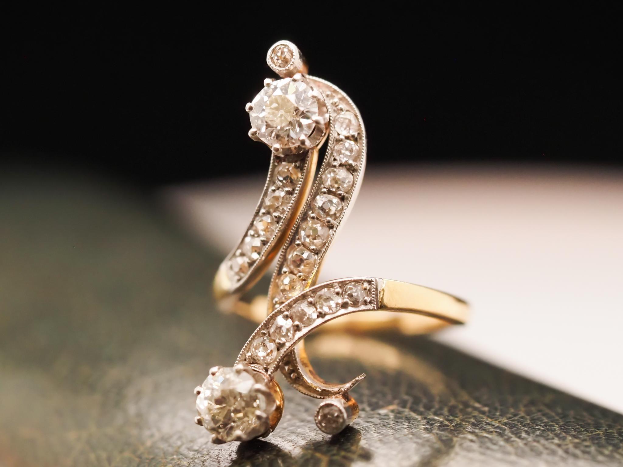 Circa 1900s Edwardian 14K Yellow Gold and Platinum Crossover Ring For Sale 2