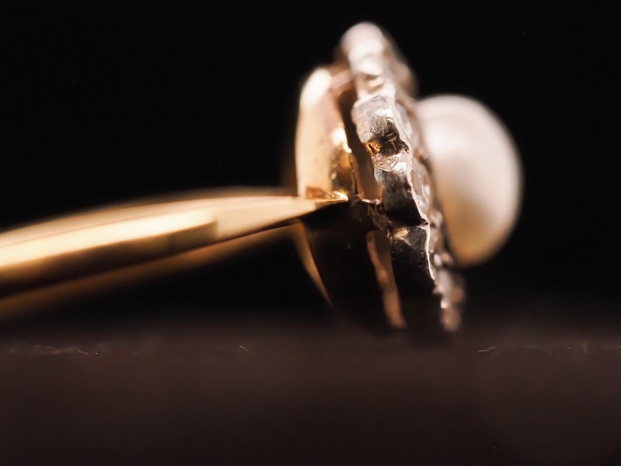Circa 1900s Edwardian 14K Yellow Gold Pearl and Old European Diamond Ring For Sale 1