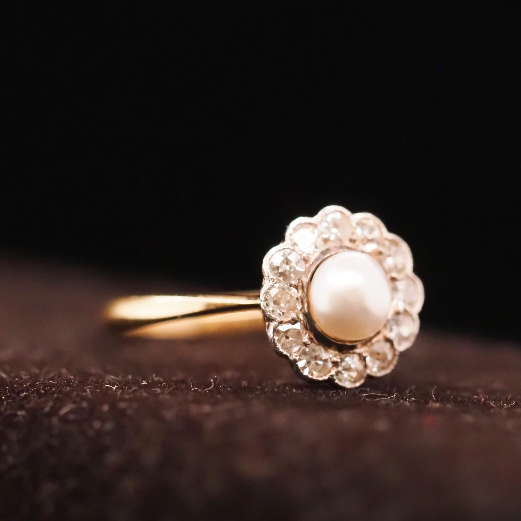 Circa 1900s Edwardian 14K Yellow Gold Pearl and Old European Diamond Ring For Sale 3