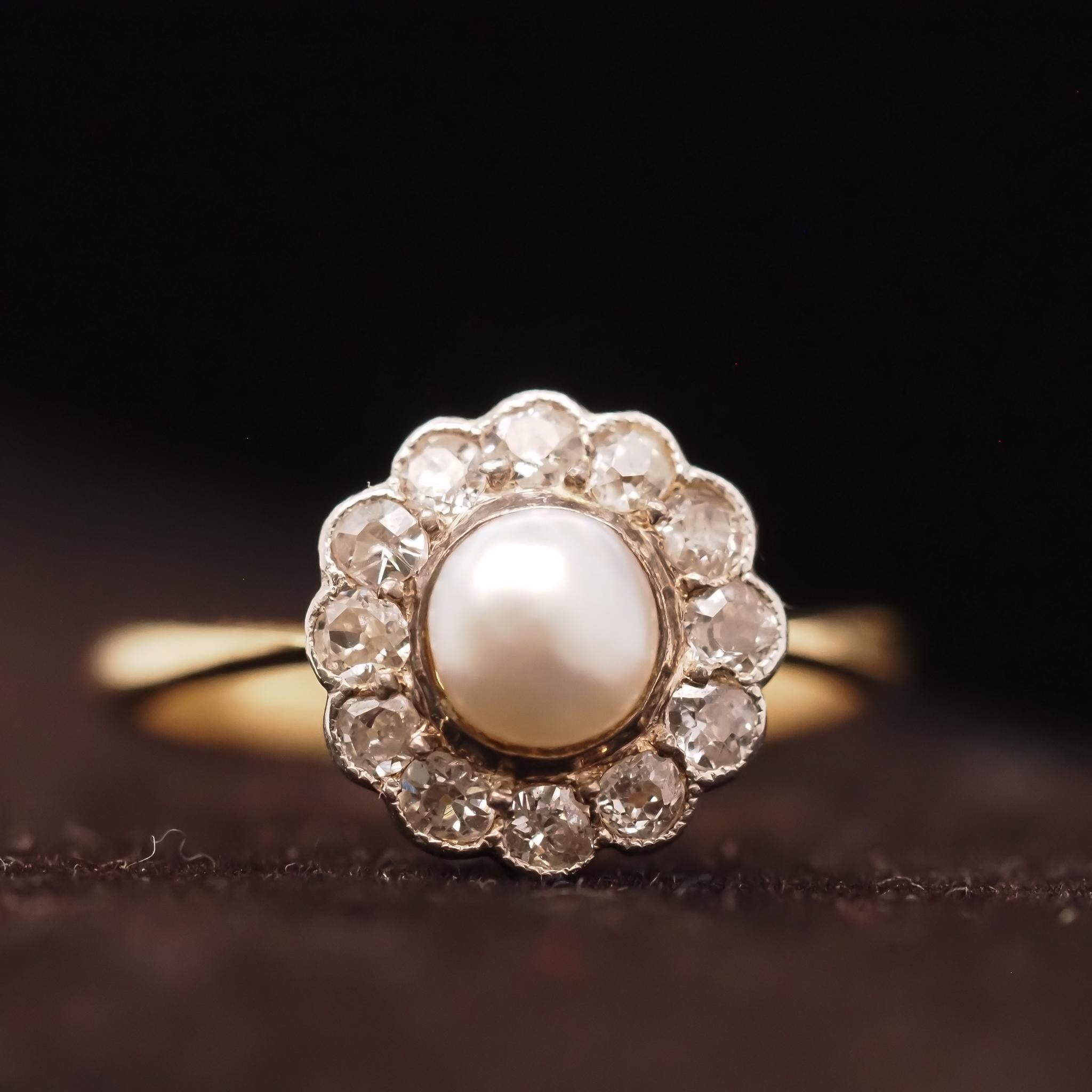 Circa 1900s Edwardian 14K Yellow Gold Pearl and Old European Diamond Ring For Sale 4