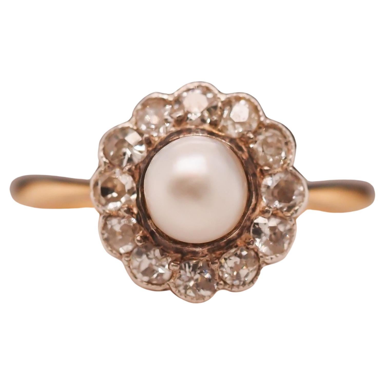 Circa 1900s Edwardian 14K Yellow Gold Pearl and Old European Diamond Ring For Sale