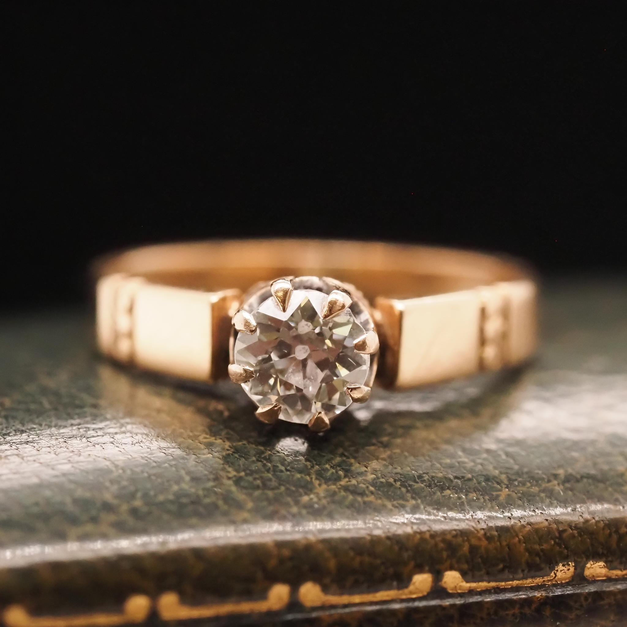 Year: 1900s
Item Details:
Ring Size: 6.5 (Sizable)
Metal Type: 18K Yellow Gold [Hallmarked, and Tested]
Weight: 2.9grams
Diamond Details: .60ct, Old European Brilliant, F Color, VS Clarity, Natural Diamond
Band Width: 2mm
Condition: Excellent